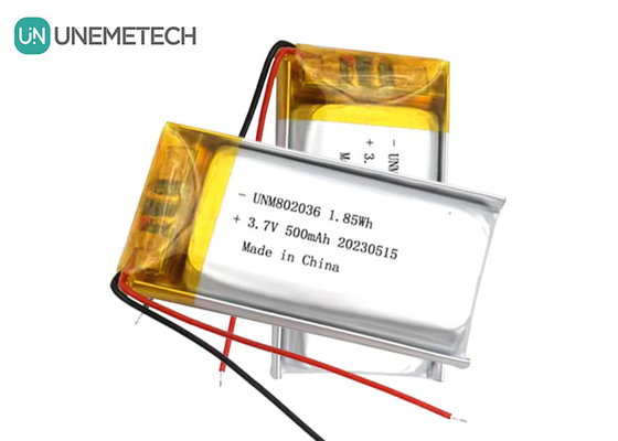 UNEMETECH 3.7V بطارية ليثيوم أيون بوليمر 500mAh بطارية ليثيوم بوليمر 802036 1.85Wh بطارية ليبو