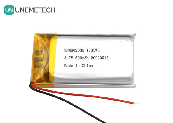 UNEMETECH 3.7V بطارية ليثيوم أيون بوليمر 500mAh بطارية ليثيوم بوليمر 802036 1.85Wh بطارية ليبو